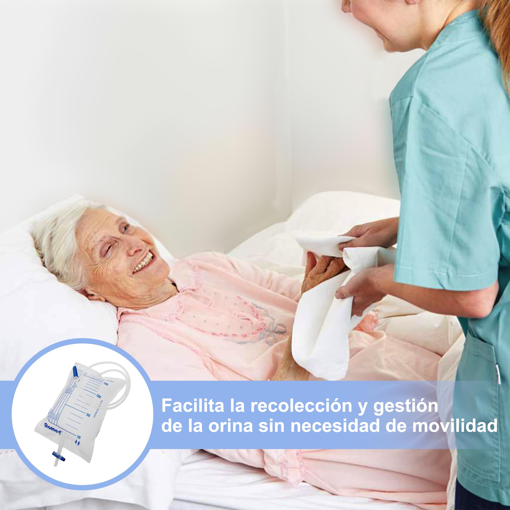 ROMED Bolsas de Orina 2 Litros Transparentes, Pack de 30 Unidades | Tubo Flexible de 90 cm, Válvula Anti-Reflujo, Colector Urinario, Para Incontinencia Hombre y Mujer