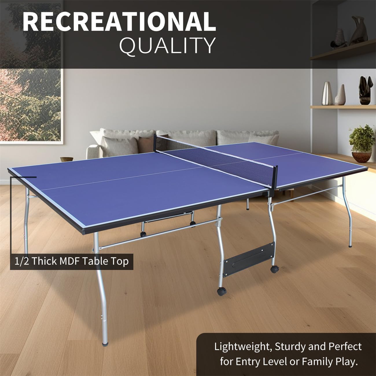 8FT Mid-Size Table Tennis Table Foldable & Portable Ping Pong Table Set for Indoor Games with Net, 2 Table Tennis Paddles and 3 Balls