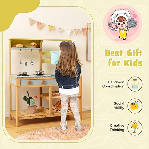 Miniatura 5 de HONEY JOY Cocina de barro para niños al aire libre, juguete de madera de abeto con fregadero extraíble, tanque de agua real y grifo, estufa, juego