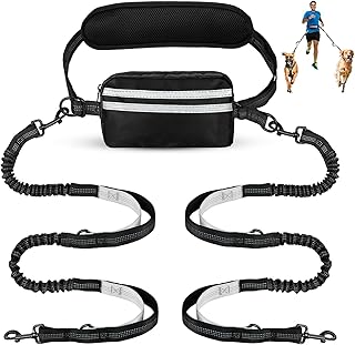 Hands Free Dog Leash with Adjustable Belt, Dog Walking Belt with Reflective Stitching, Bungee Double Leashes for Medium and Large Dogs Running Walking Jogging for 2