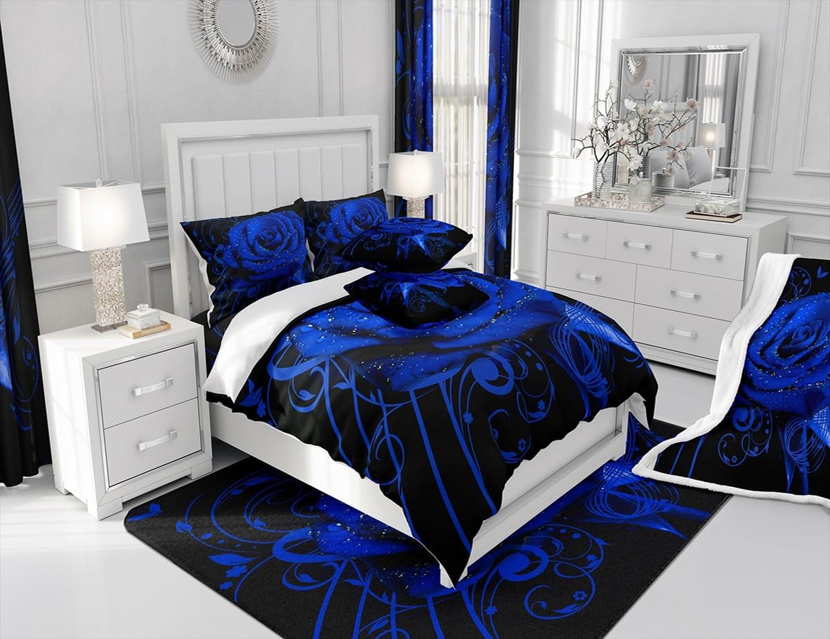jejeloiu Blue Rose Floral Fleece Throw Blanket Throw 50"x60" Couple Valentine's Day Botanical Plush Blanket for Bed Sofa Girls Women Lover Music Blossom Flowers Sherpa Blanket Romantic Fuzzy Blanket