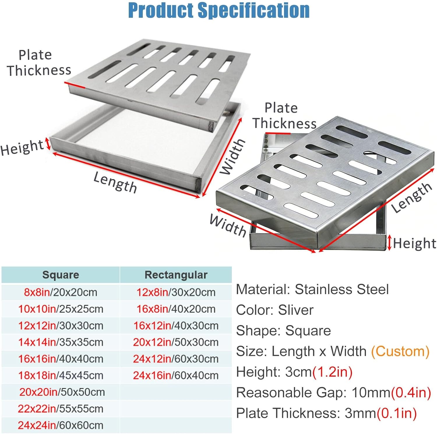 Patio Floor Drain Metal Grate 12x12 14x14 18x18 Outdoor, 3mm Thick Stainless Steel Square Catch Basin Cover, Drainage Panel for Garden Balcony Yard(16x16in/40x40cm)