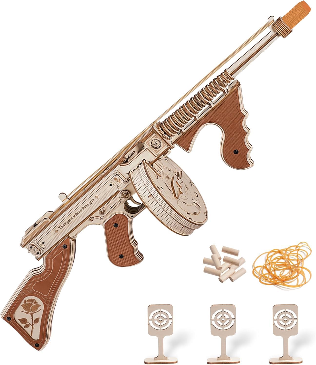 ROKR 3D Wooden Puzzles for Adults 275pcs Submachine Shooter Rubber Bands Wood Crafts DIY Building Model Kits Assembly Puzzle Gifts for Men Women Adults