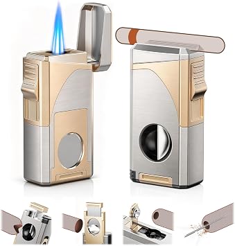 6-in-1 Torch Lighter with Built in V & Straight Tool, Holder, Punch, Draw Enhancer Tool, Windproof Triple Jet Flame, refillable Butane lighters, Multifunctional Accessories Gifts for Men, Travel