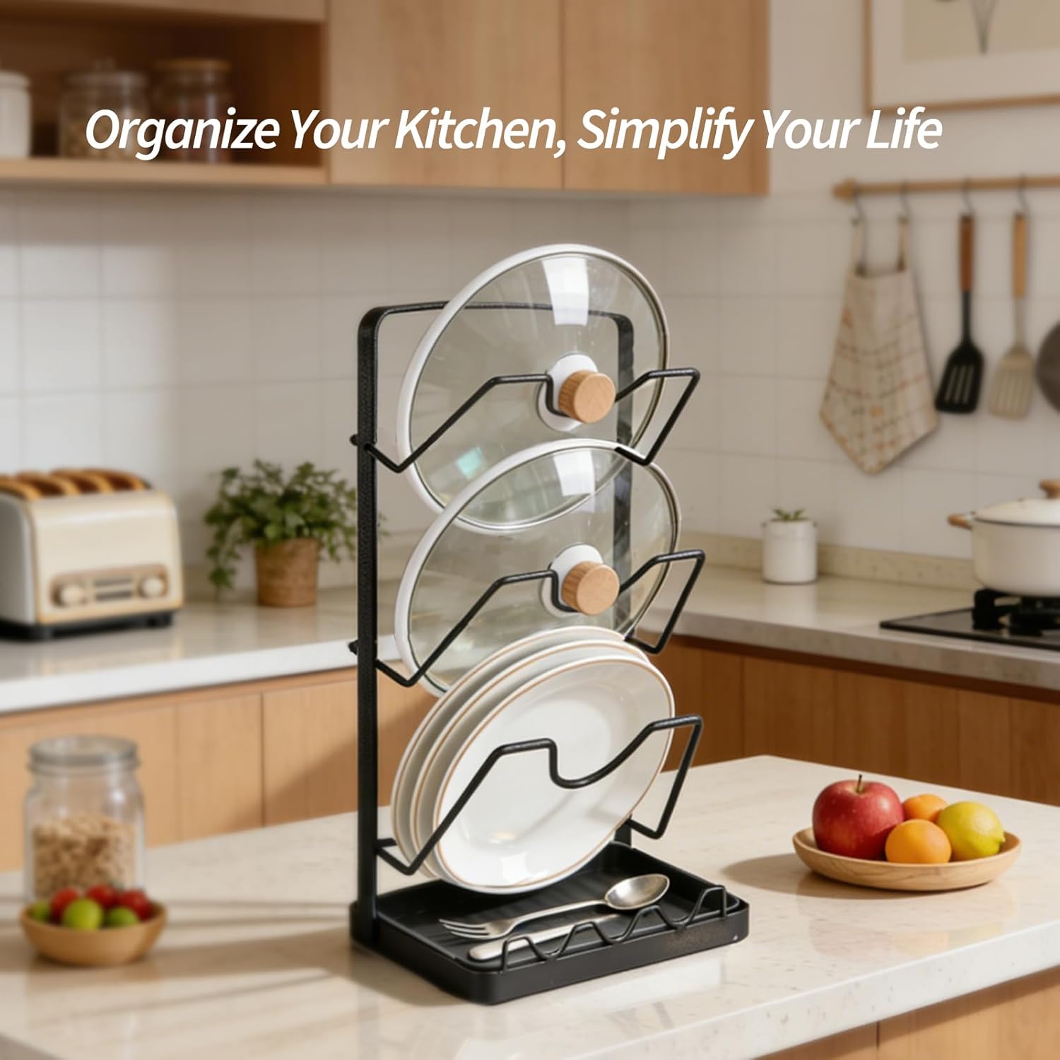 Pot Lid Organizer Rack 3 Tier, Stainless Steel Pot Lid Holder for Countertop & Wall Mount, Multifunctional Pan Cover & Cutting Board Stand with Removable Drip Tray and Spoon Rest, Rustproof