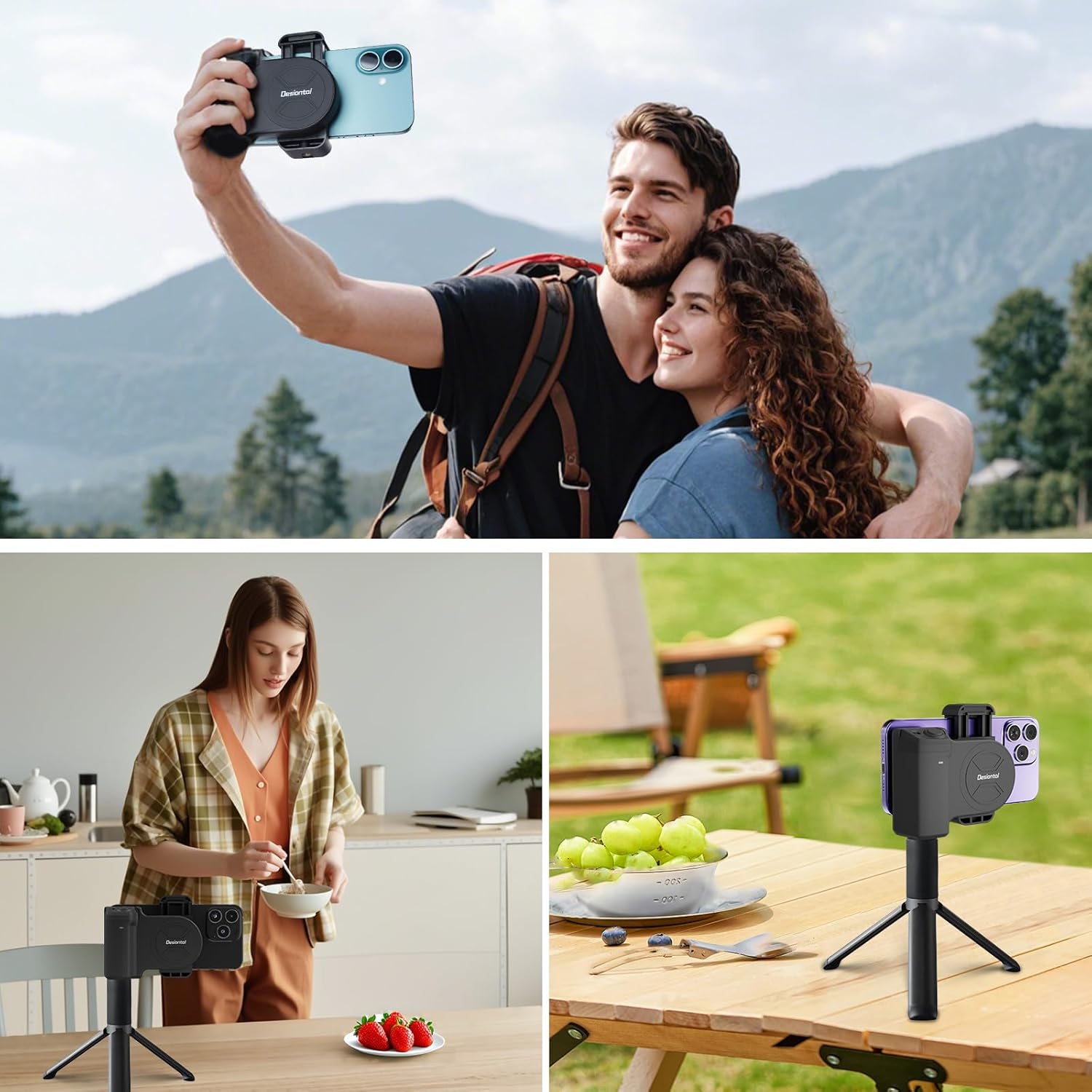 Image showing various usage scenarios of the phone camera grip, including selfie, desktop use, and tripod mounting.