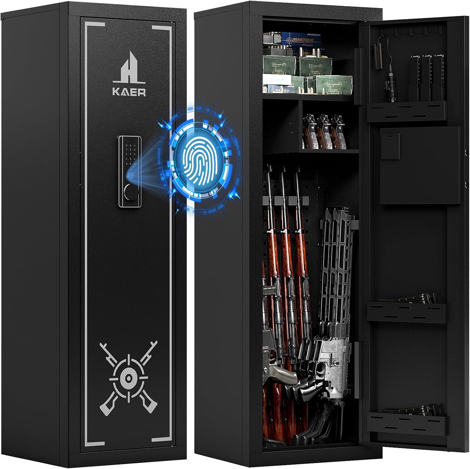 KAER 16-18 Gun Safe - Biometric Gun Safe for Rifles and Pistols, Fingerprint Large Rifle Safe with Adjustable Gun Racks, Quick Access Gun Cabinet for Shotguns (Unassembled)