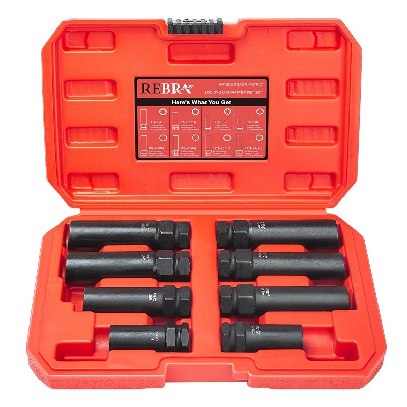 Kit com 8 chaves para porcas de roda estriadas REBRA, 5, 6, 7 e 12 estrias, acionamento sextavado