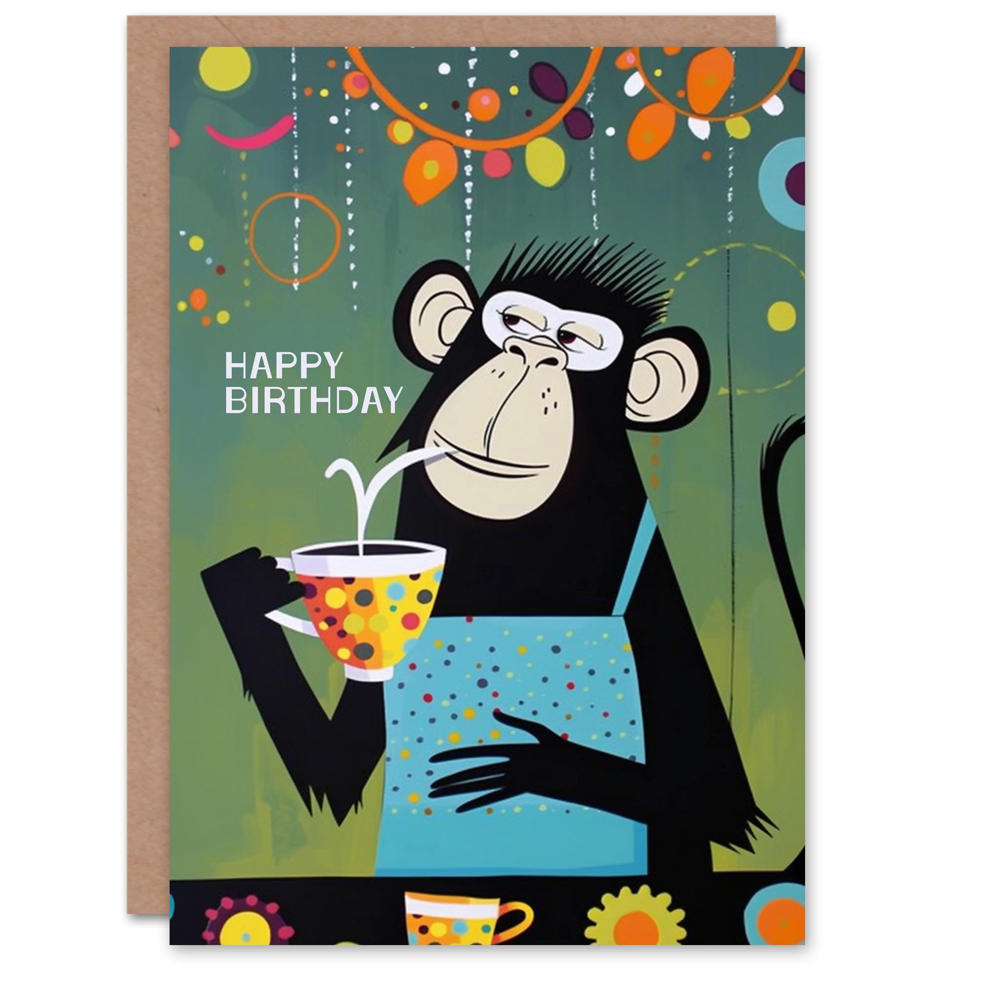 Artery8 Birthday Card Chimp in Apron Tea Coffee Fun Quirky For Him Man Male Dad Brother Son Papa Grandad Greeting Card