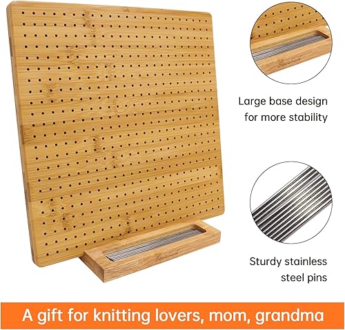Miniatura 6 de Iswabard Tabla de bloqueo de 13 x 13 pulgadas para ganchillo con 15 varillas de acero inoxidable, tabla de bloqueo de ganchillo, cuadrado de bambú