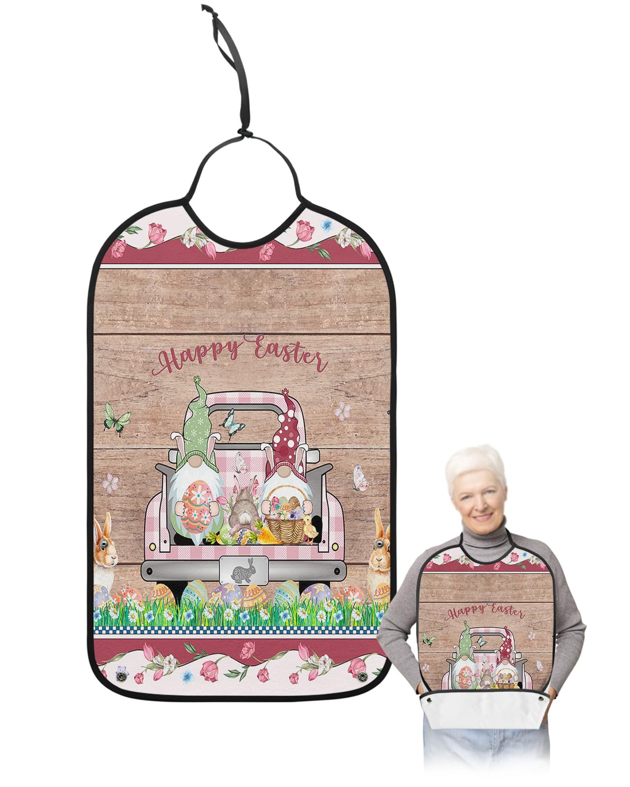 Spring Easter Adult Bibs for Eating, Waterproof Bibs with Food Catcher & Adjustable Snap Closure, Pink Plaid Truck Gnomes Bunny Colorful Eggs Farm Wood Clothing Protectors Adult Bibs for Elderly