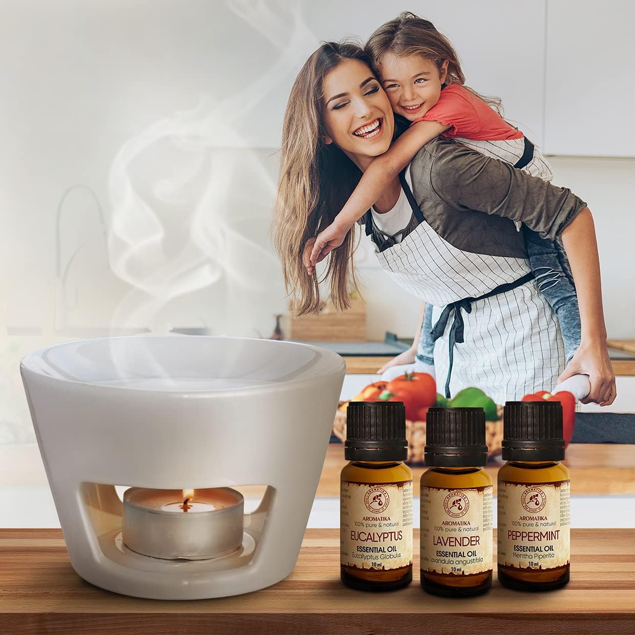Aromatherapy Set - Oil Burner White & Essential Oils Set 3*10ml - Peppermint Essential Oil - Lavender Essential Oil - Eucalyptus Essential Oil - Ceramic Oil Burner - for Aromatherapy - 3 Candles Free