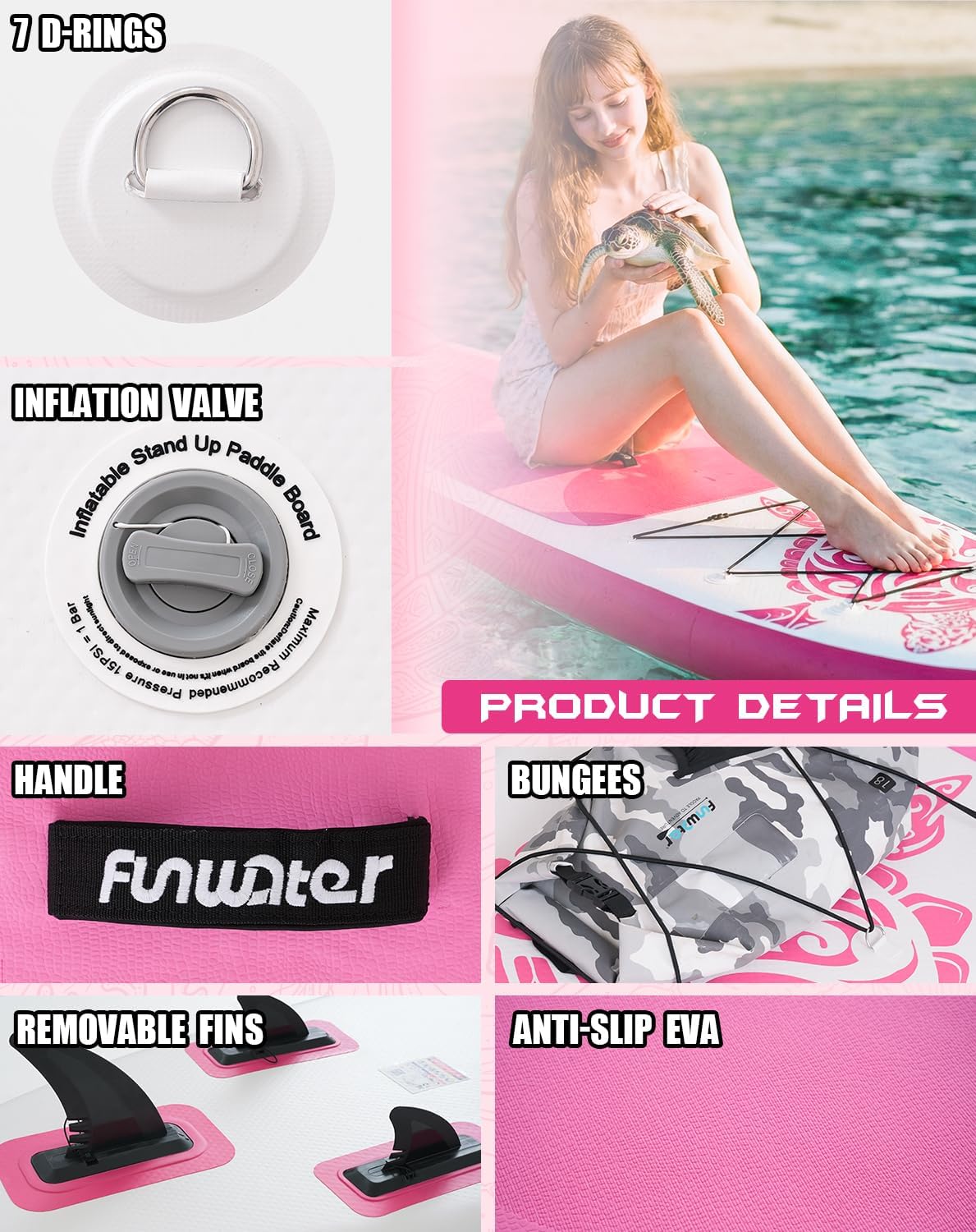 FunWater 10'6×33"×6" Inflatable Stand Up Paddle Board with Premium SUP Paddleboard Accessories,Adults & Youth for All Skill Levels, Included with Board, Paddle, Pump, Three Fins, Backpack (Pink)