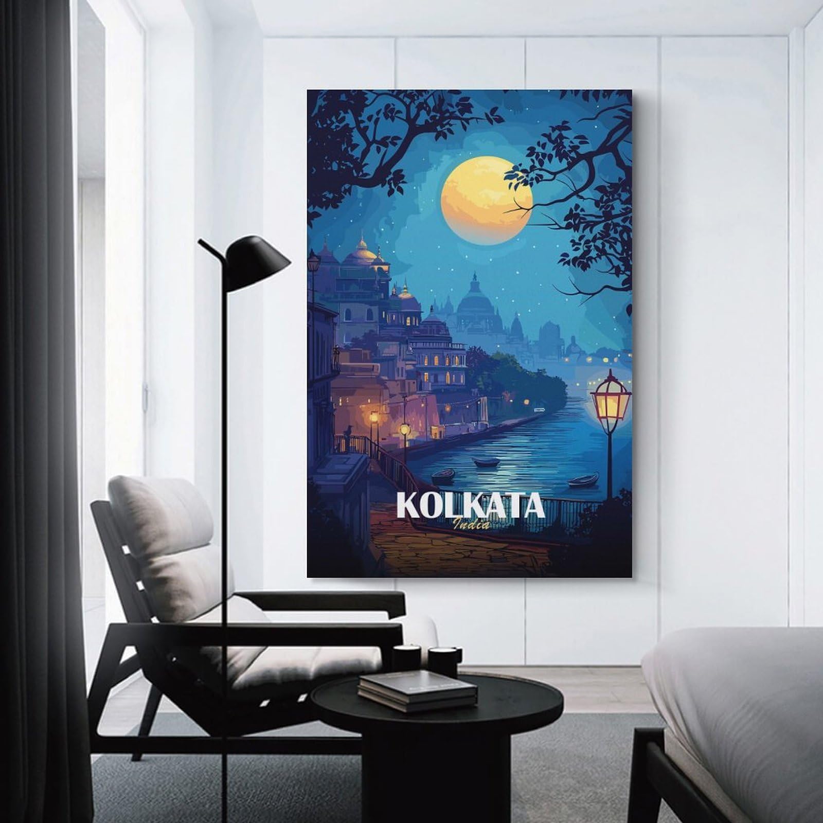 Junmoney Kolkata India Nightscape Illustration Hanging Wall Art 20x30inch(50x75cm), for New Homes, Bedrooms Or Workspaces, Thoughtful Wall Decor for Art Lovers