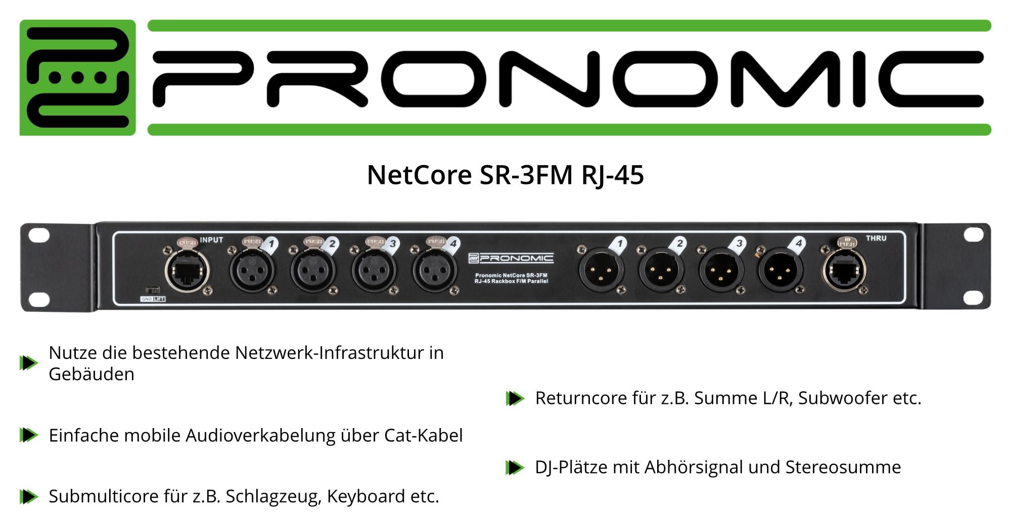 Pronomic NetCore SP-3M Multicore-splits male - kabelboom met 4 XLR-stekkers (male) naar RJ45 aansluiting - voor overdracht van analoge of digitale signalen via netwerkkabel