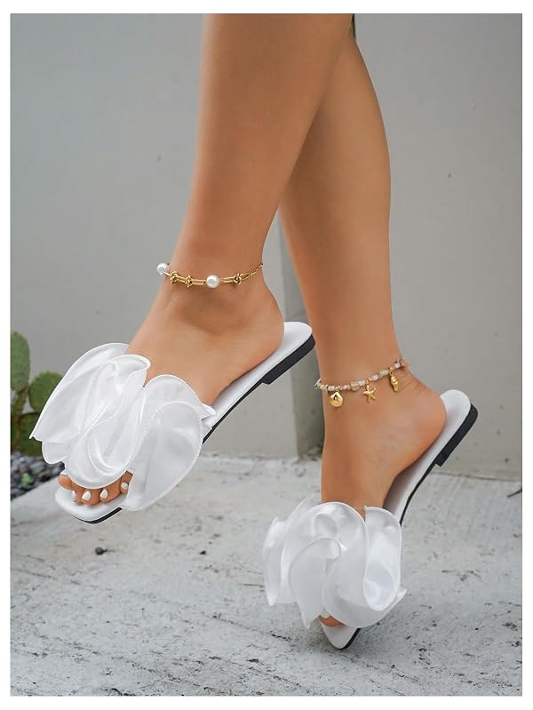 GORGLITTER Women's Beach Square Toe Flat Sandals Summer Vacation Dressy Slip on Slide Wedding Sandals Bridal Shoes 2026 White 8 by GORGLITTER - Image 3
