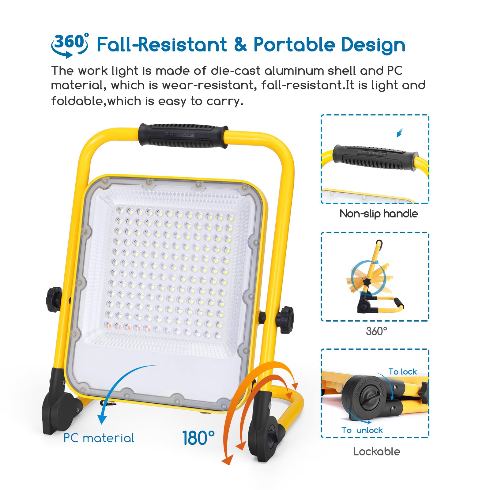 Aigostar Led Baustrahler Akku 100w, Arbeitslicht wiederaufladbar mit Ständer,Tragbares LED-Arbeitslicht,IP65 Wasserdicht LED Strahler,für Garage,Werkstatt,Camping,Notfall,Outdoor-Aktivitäten