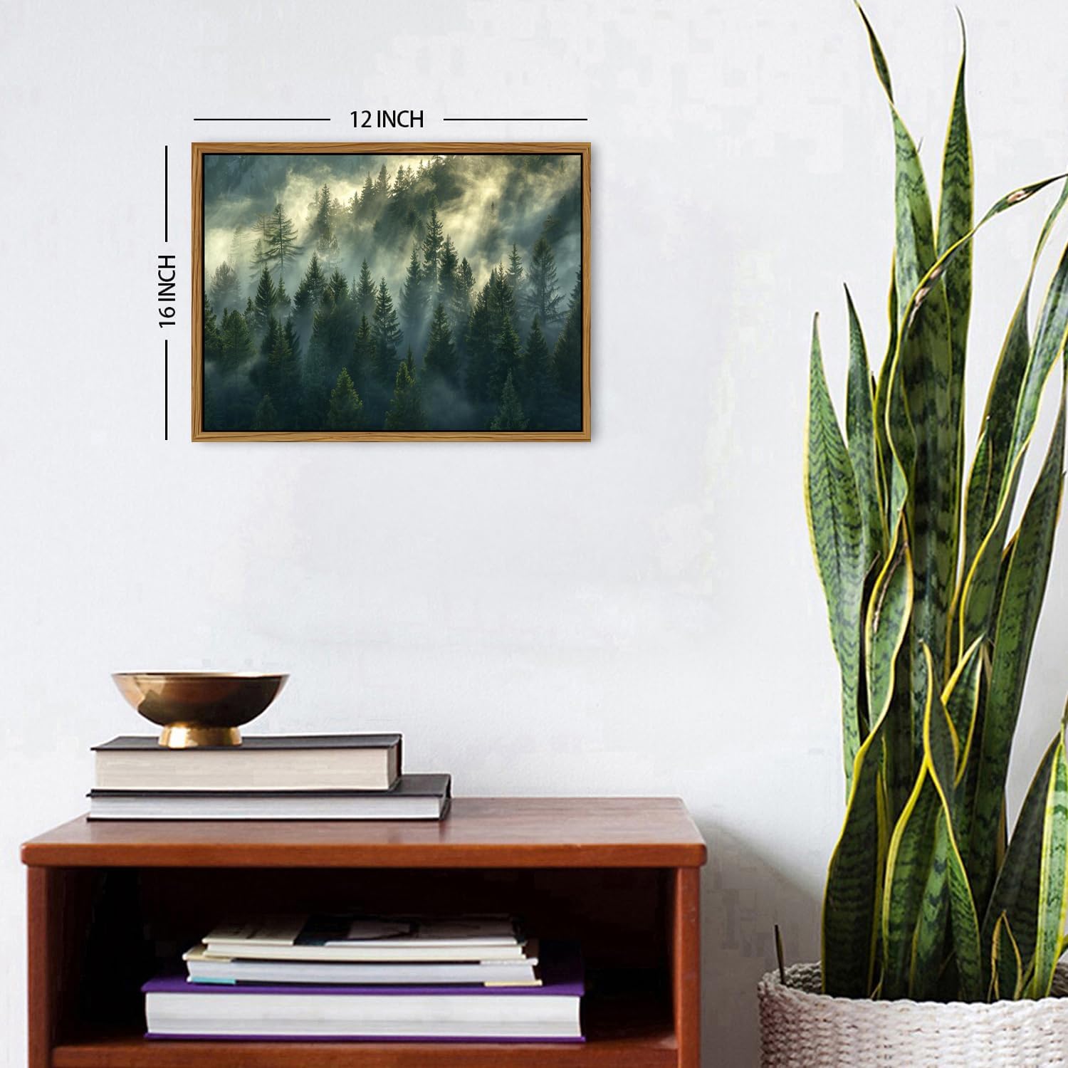 Mountain Forest Wall Art Vintage Framed Wall Decor Sunset Fog Misty Pine Trees Pictures Nature Landscape Canvas Prints Woodland Painting Farmhouse Artwork for Bedroom Living Room Home Decorations 12x16"