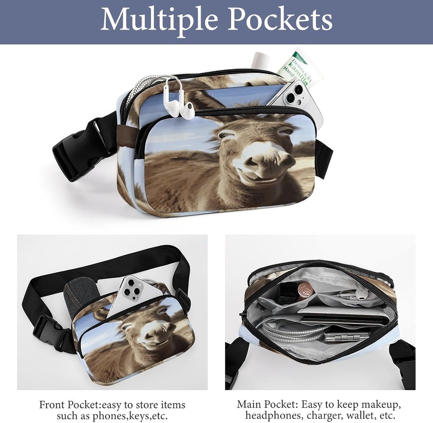 Funny Donkey Fanny Pack Belt Bag with Adjustable Strap Fashion Waist Bag for Outdoor Sports Hiking