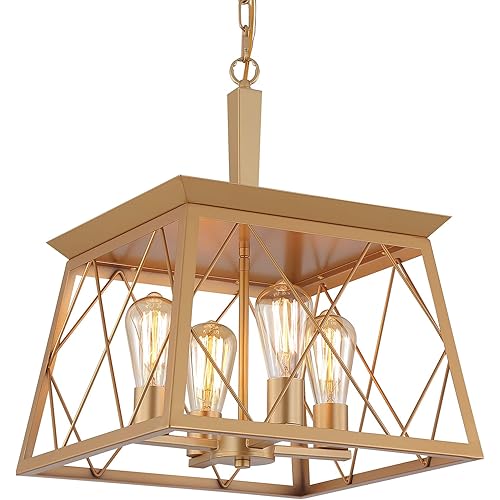 Q&S Gold Chandelier Light Fixtures Farmhouse Geometric Chandelier Pendant Light Fixtures for Dining Room Kitchen Island Entryway Foyer