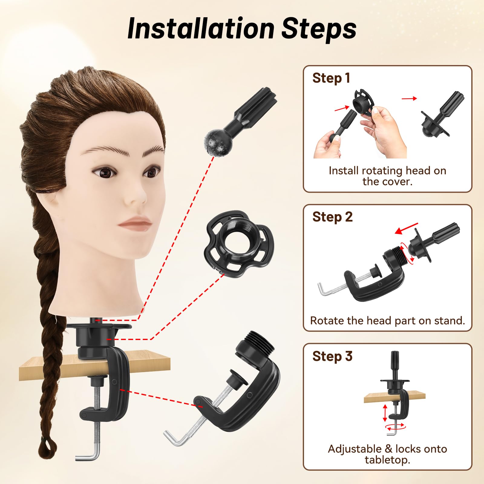 Frisierkopf, Frisierkopf mit 90 % Echthaar, 61 cm, Puppenkopf für Haarstyling, Kosmetologie und Training, Stylingkopf mit Tischklemmenhalter, Braun