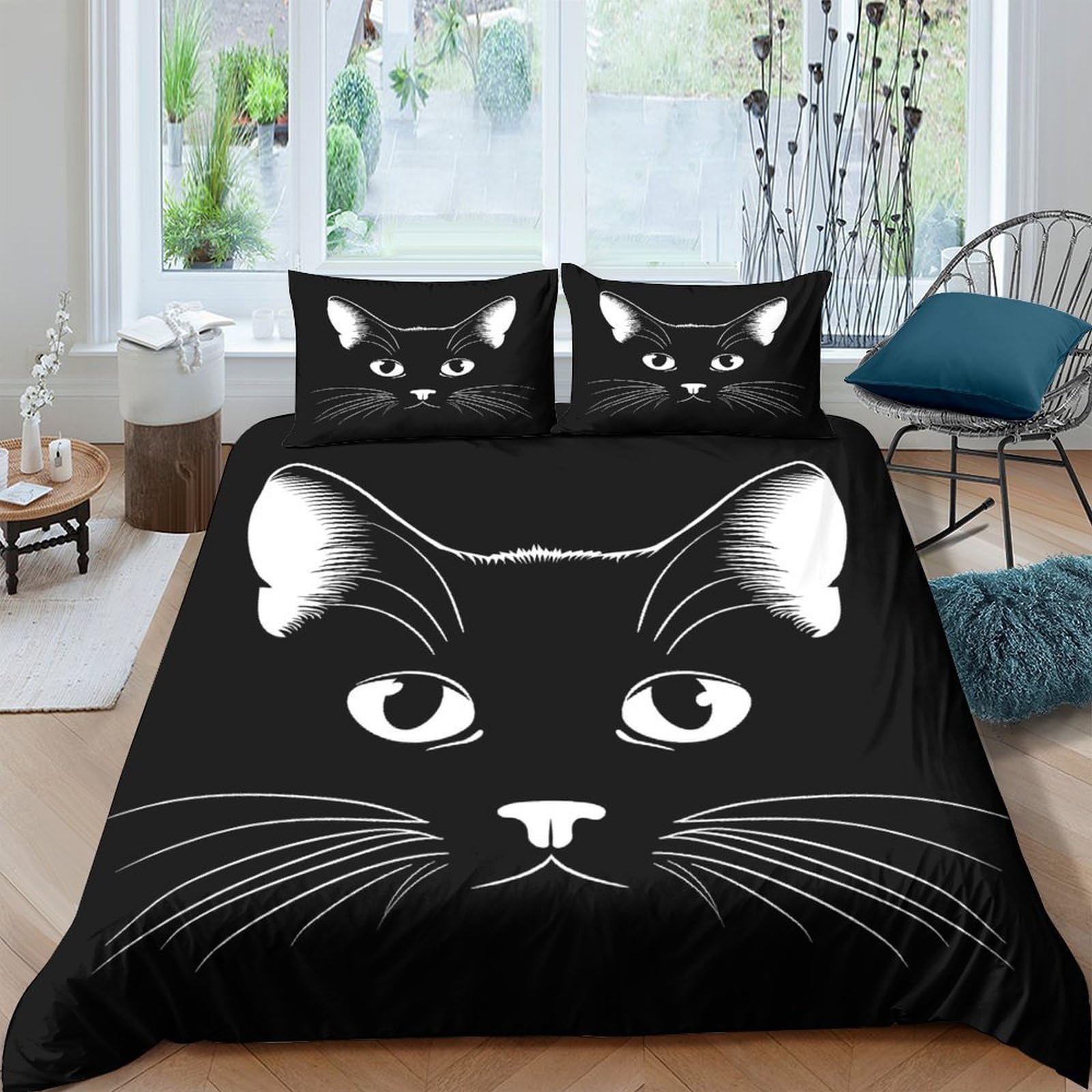 Ctjqhvkz Style-8 3D Printed Black Cat Fitted Sheet Microfiber Soft Breathable Cartoon Face Bed Cover For Bedroom Guest Room Decor Single（135X200cm）