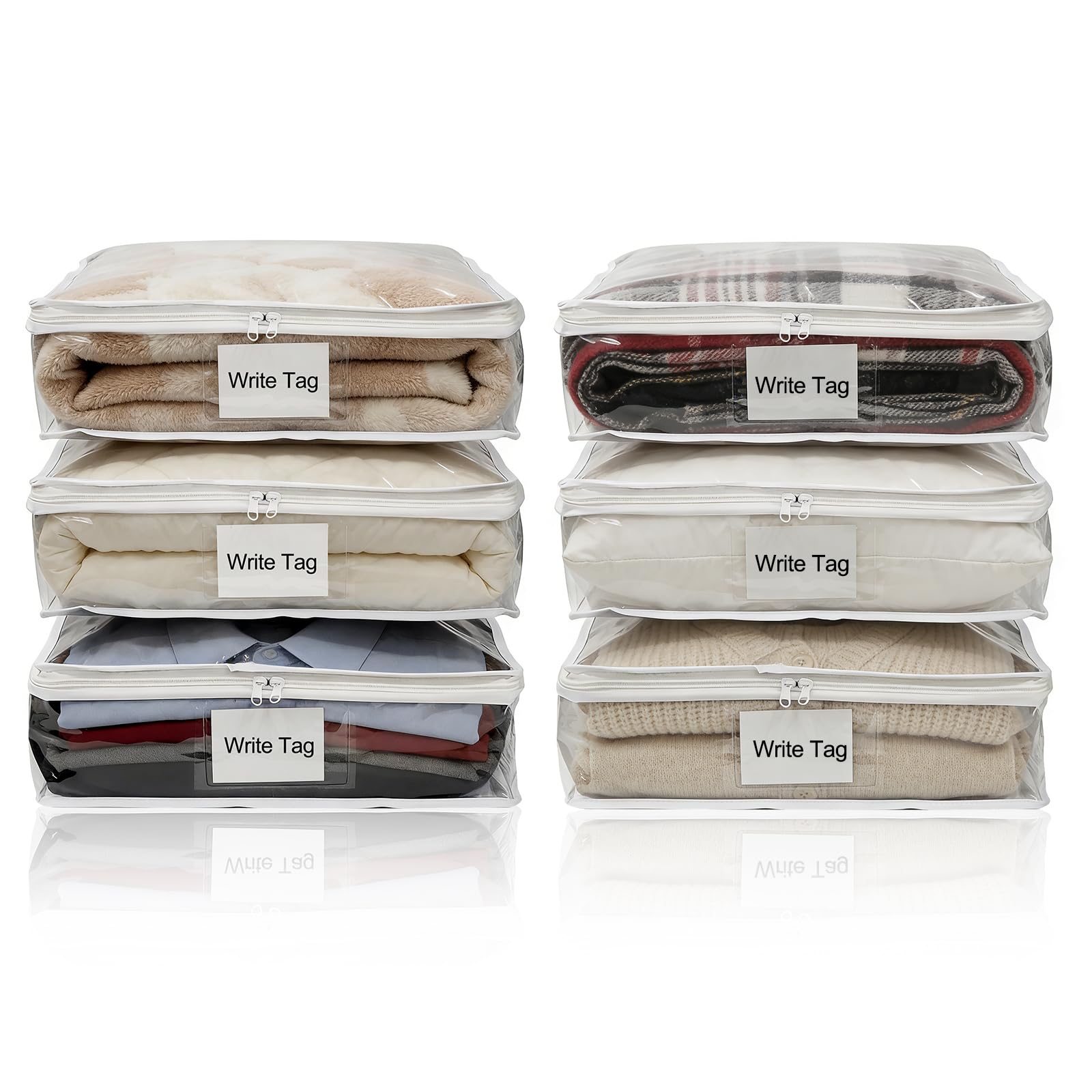 Seuqhck 6 Pack Clear Zippered Plastic Storage Bags, Vinyl Sweater Bags with Zipper, Durable Clothing Organizer Protectors for Blankets, Quilt and Bedding, 39 x 35 x 10 cm