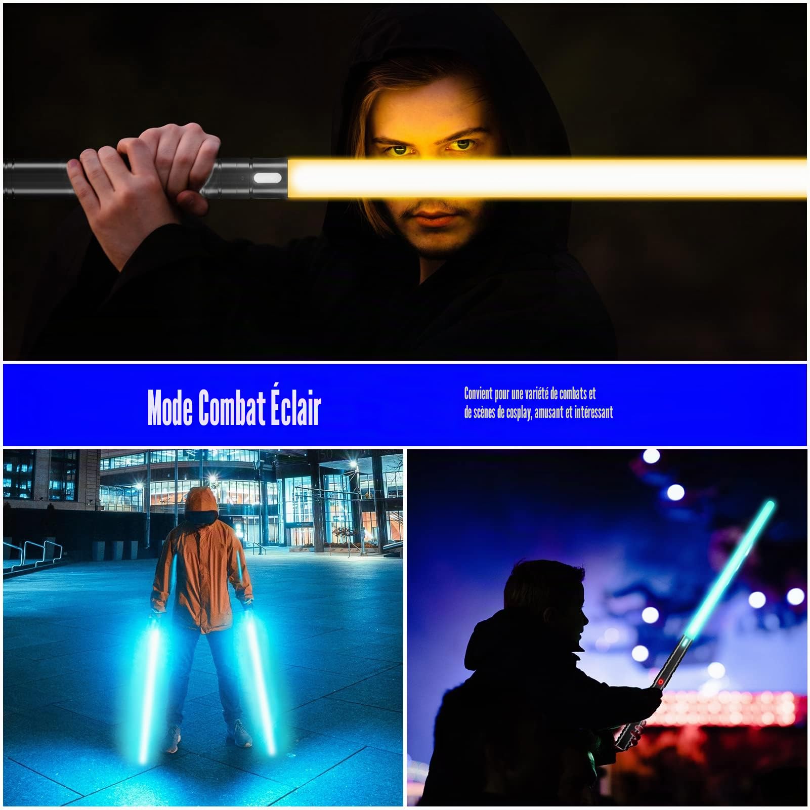 Sabre laser 20 couleurs avec poignées en métal vibrantes, sabre laser LED 2 en 1 avec 3 modes sonores, poignée en métal, batterie rechargeable, mode éclatement (poignée noire)