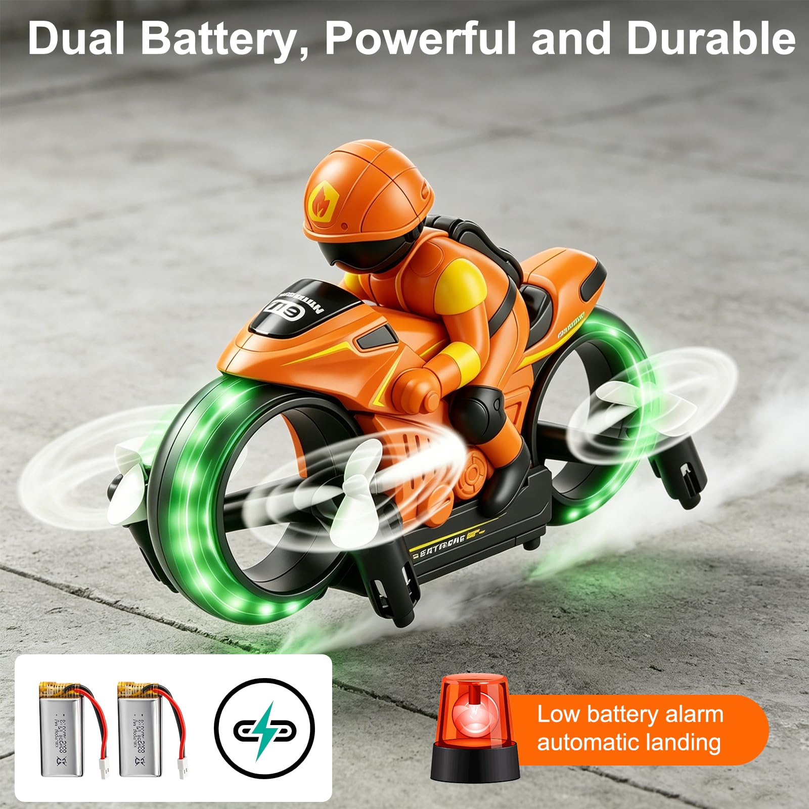 OBEST Motocicleta teledirigida 2,4 G, 2 en 1, avión no tripulado de tierra y aire, giro de 360°, vuelo flotante automático, modo sin cabeza, iluminación LED, función de carga USB