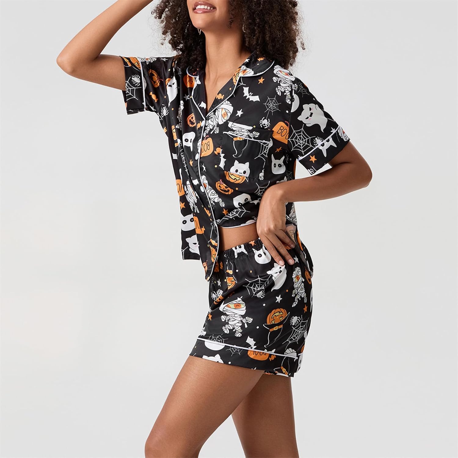 iTranyee Women 2 Piece Halloween Pajamas Outfits Pumpkin Print Short Sleeve Button Down Blouse Lounge Shorts Set Sleepwear - Image 3