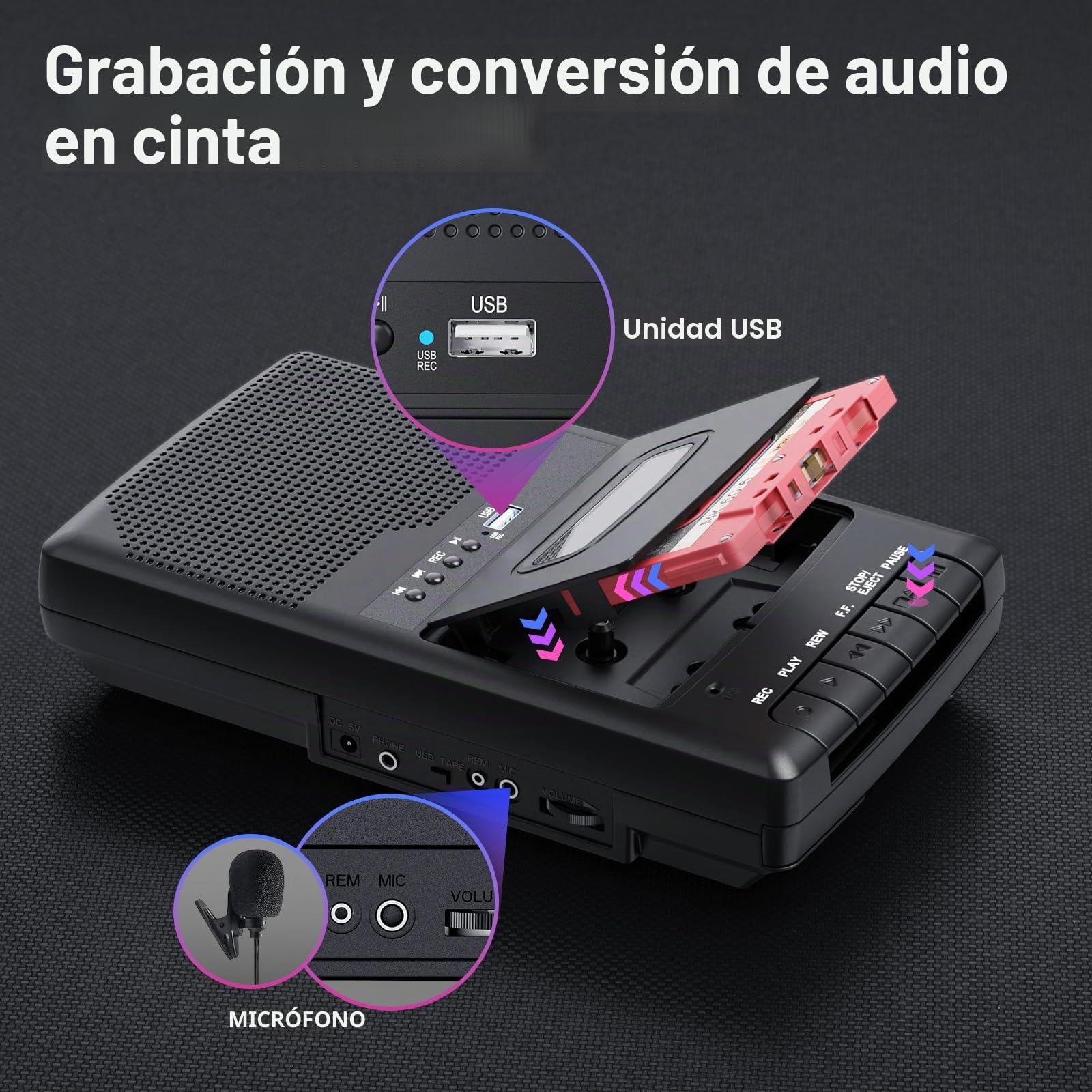 Grabador de Cassette, Reproductor de casetes móvil y digitalizador USB,con Altavoz y micrófono,Mango Extensible, Auriculares