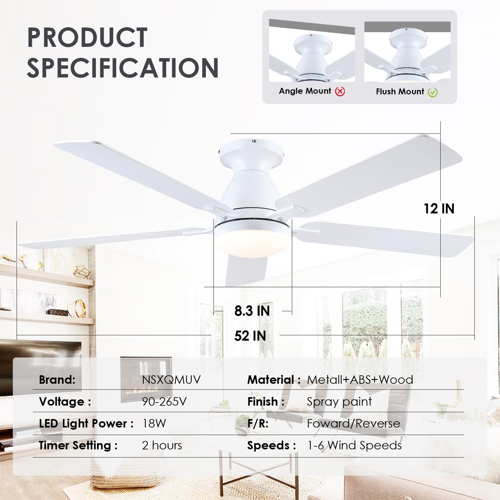 Kviflon Deckenventilator mit Beleuchtung und Fernbedienung Leise 132 cm, Deckenventilator mit Licht für Schlafzimmer Wohnzimmer, Dimmbar Niedrige Decken, DC Motor, 5 Holz Flügel, Weiß