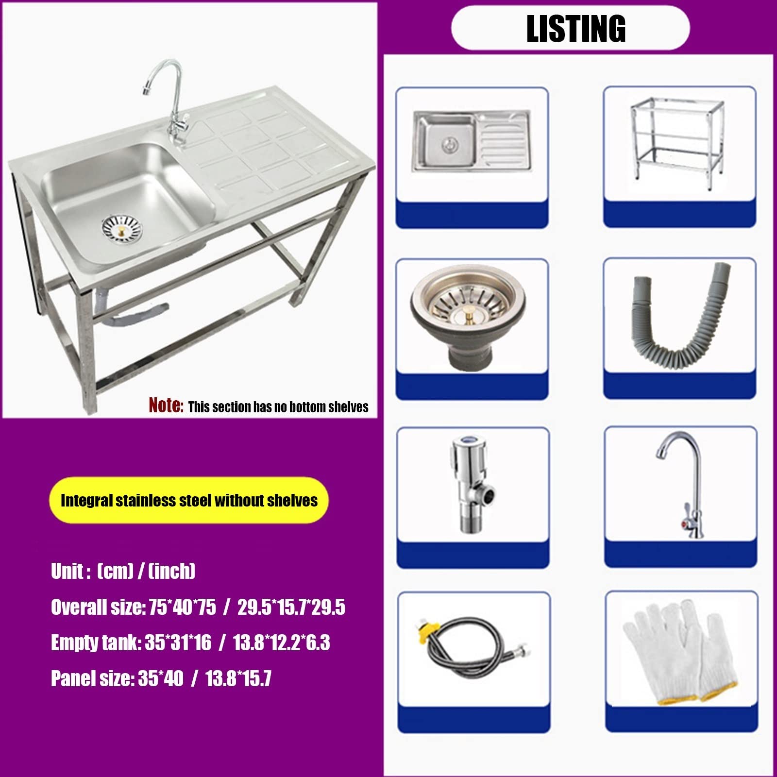 Fregadero de Cocina Comercial con Banco de Trabajo, Fregadero de Acero Inoxidable Independiente Con Agua Fria y Caliente Grifo,para Garaje, Jardín, Cocina, Lavadero (Color : Single cold, Size : With