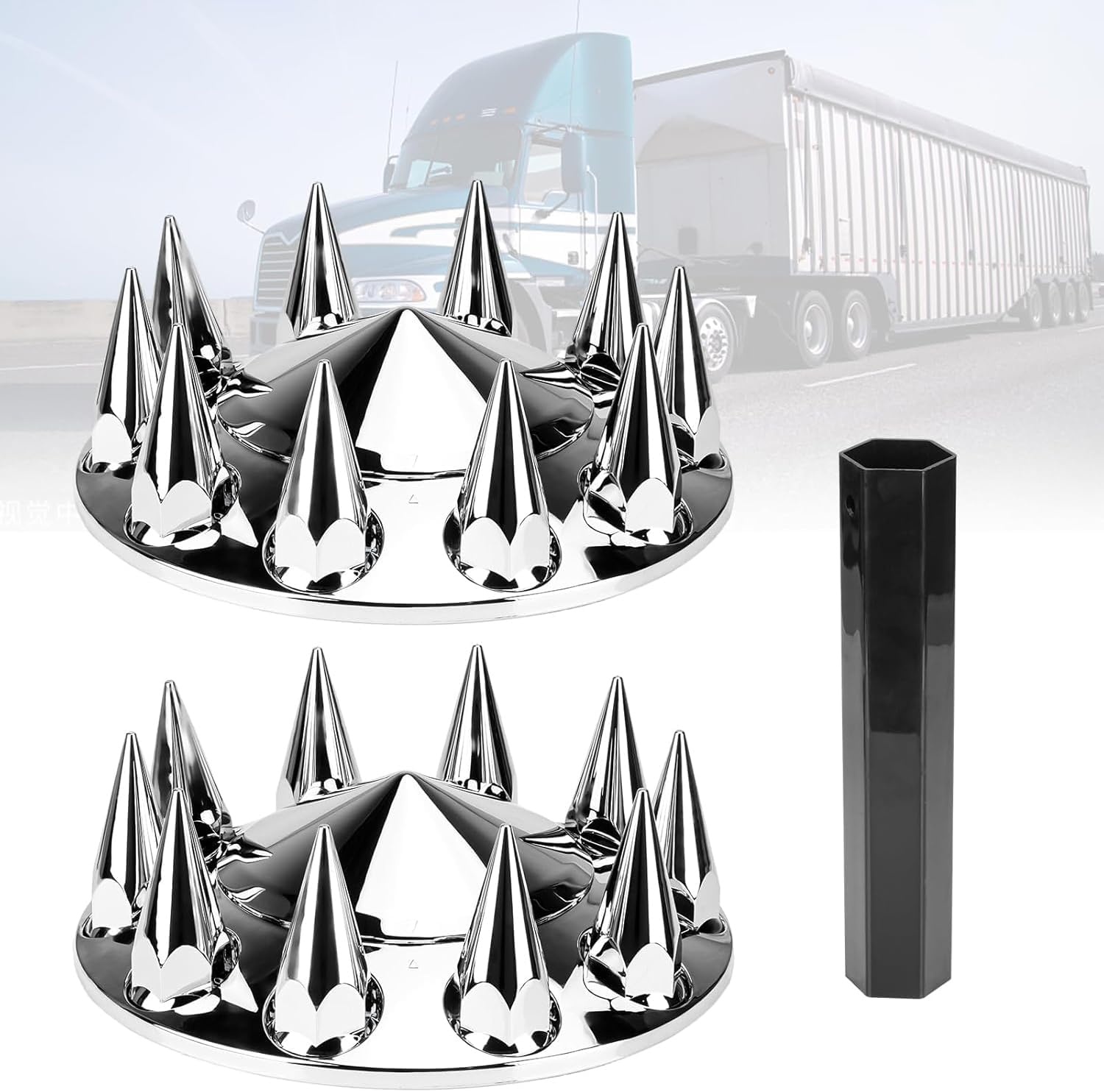 33mm Chrome Front Axle Wheel Cover Set for Semi Trucks ABS Plastic Wheel Hub Caps with Screw-On Lug Nut Covers 2 Front Axle Wheel Hubcaps (Spiked)