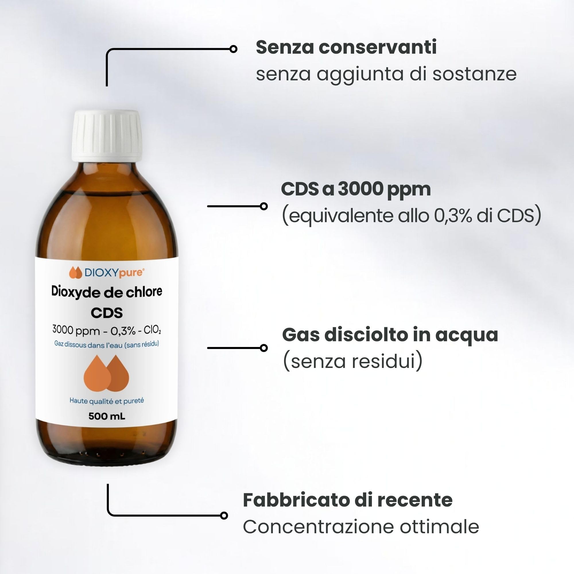 Biossido di Cloro - CDS - 3000 ppm - Gas disciolto in acqua (senza residui) - 500 ml - Senza conservanti né sostanze aggiunte - Disinfettante - Qualità superiore - Ultra puro