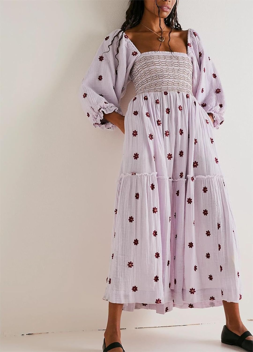 Women Puff Sleeve Embroidered Maxi Dress, Floral Dress Square Neck Ruffle Swing A Line Dress Long Sleeve Beach Dress (Purple,Large)