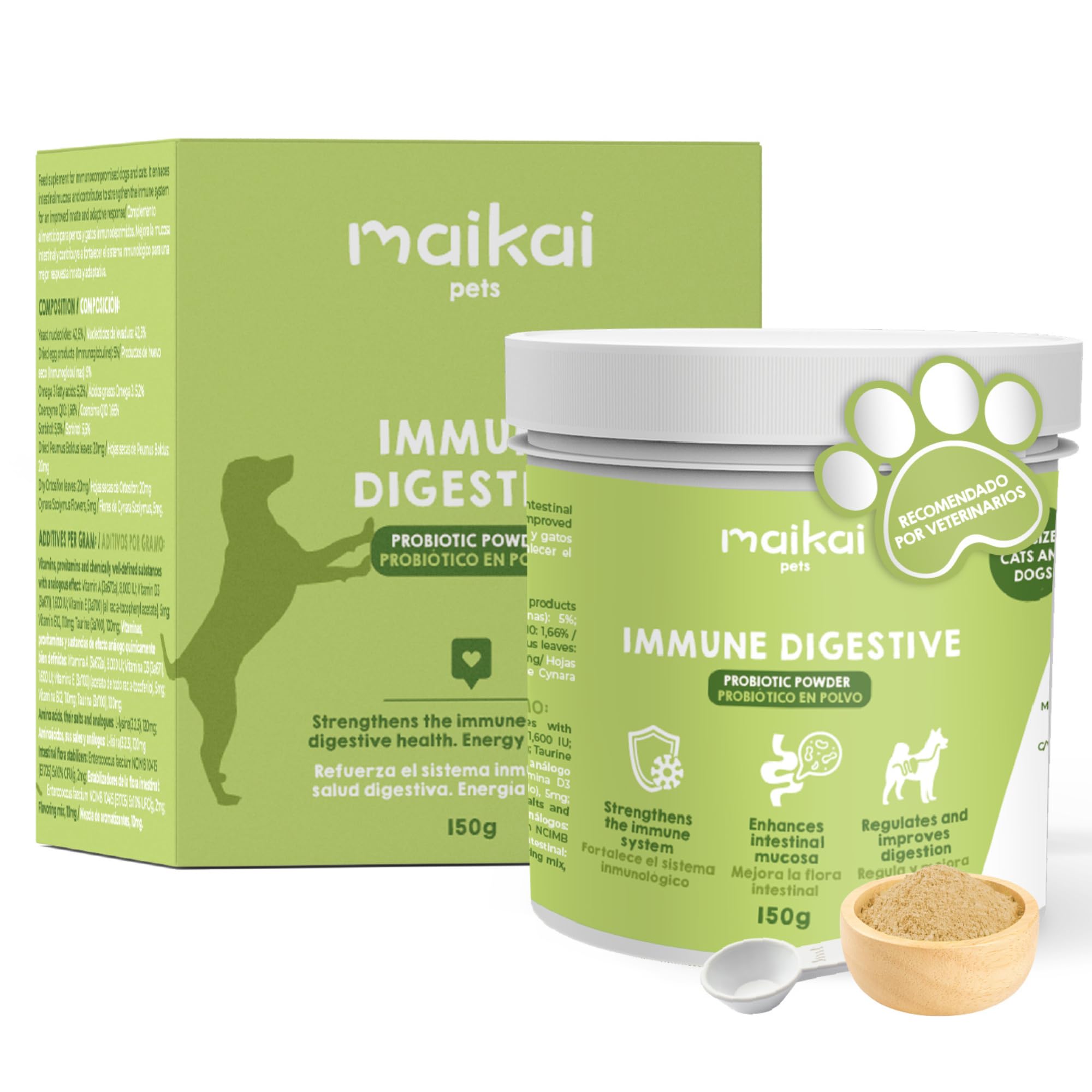 MAIKAI Probióticos para Perros y Gatos - Apoyo Digestivo + Inmunológico Natural - Antidiarreico en Polvo con Omega 3 + Boldo + Coenzima Q10 - Suplemento 150 g para Flora Intestinal y Defensas