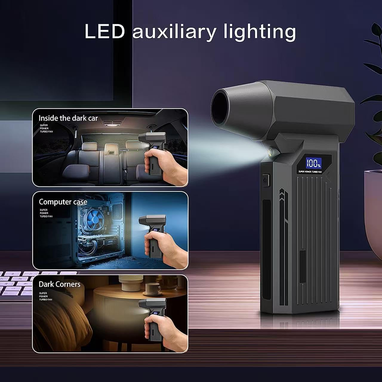 120000RPM Compressed Air Duster,4-Gear Adjustable Rechargeable Air Blower with Fast USB-C Charging & LED Light,Electric Duster for Computer,Keyboard,Car,Home & Outdoor Cleaning