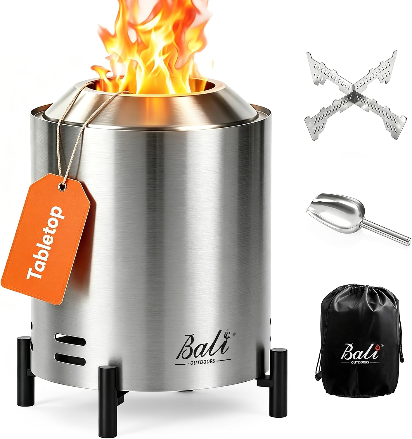 BALI OUTDOORS 6.5 inch Tabletop Fire Pit Round | Stainless Steel Table Top Firepit Small, Outdoor Smokeless Firepit Portable, Silvery