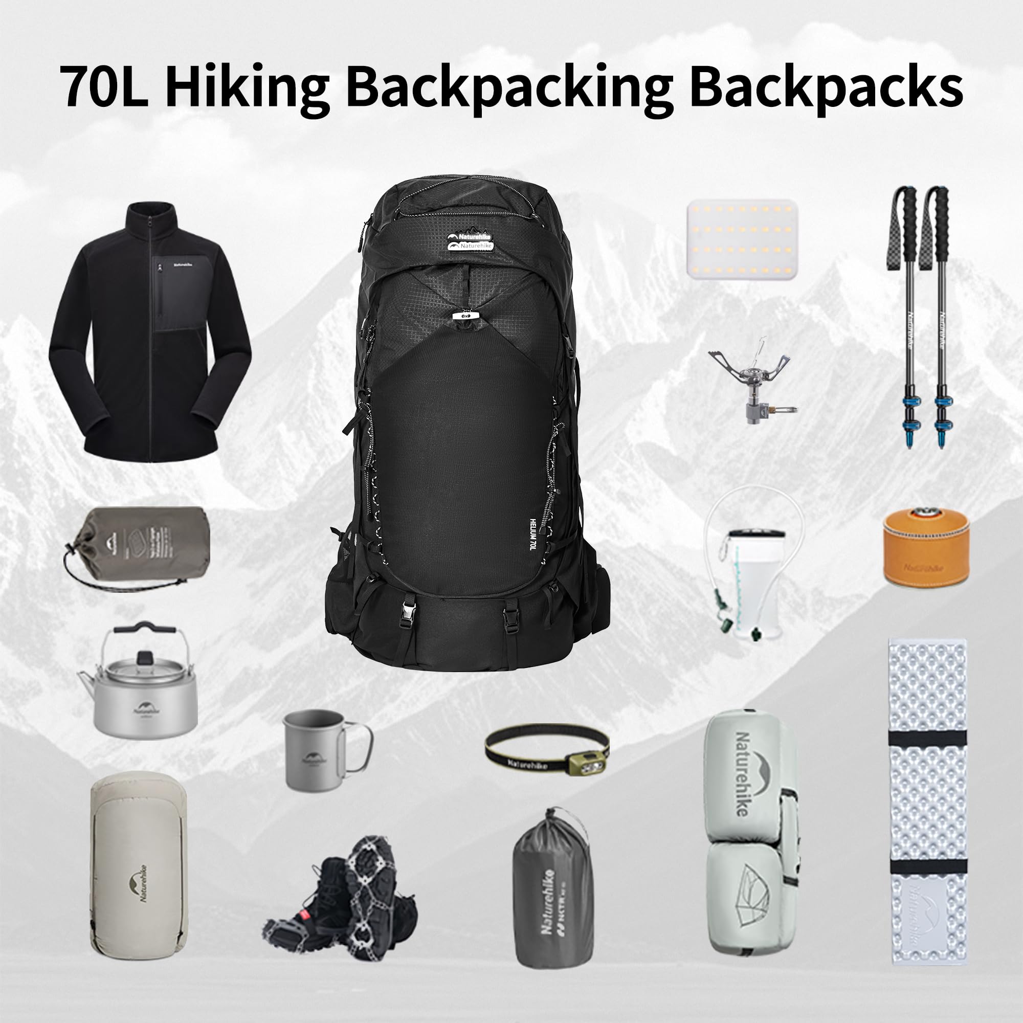 Naturehike Plecak turystyczny 25 l/35 l/70 l, dla mężczyzn i kobiet, wodoszczelny, trekkingowy, na kemping, podróż, plecak, Czarny/70l/M, M, do zastosowania na zewnątrz