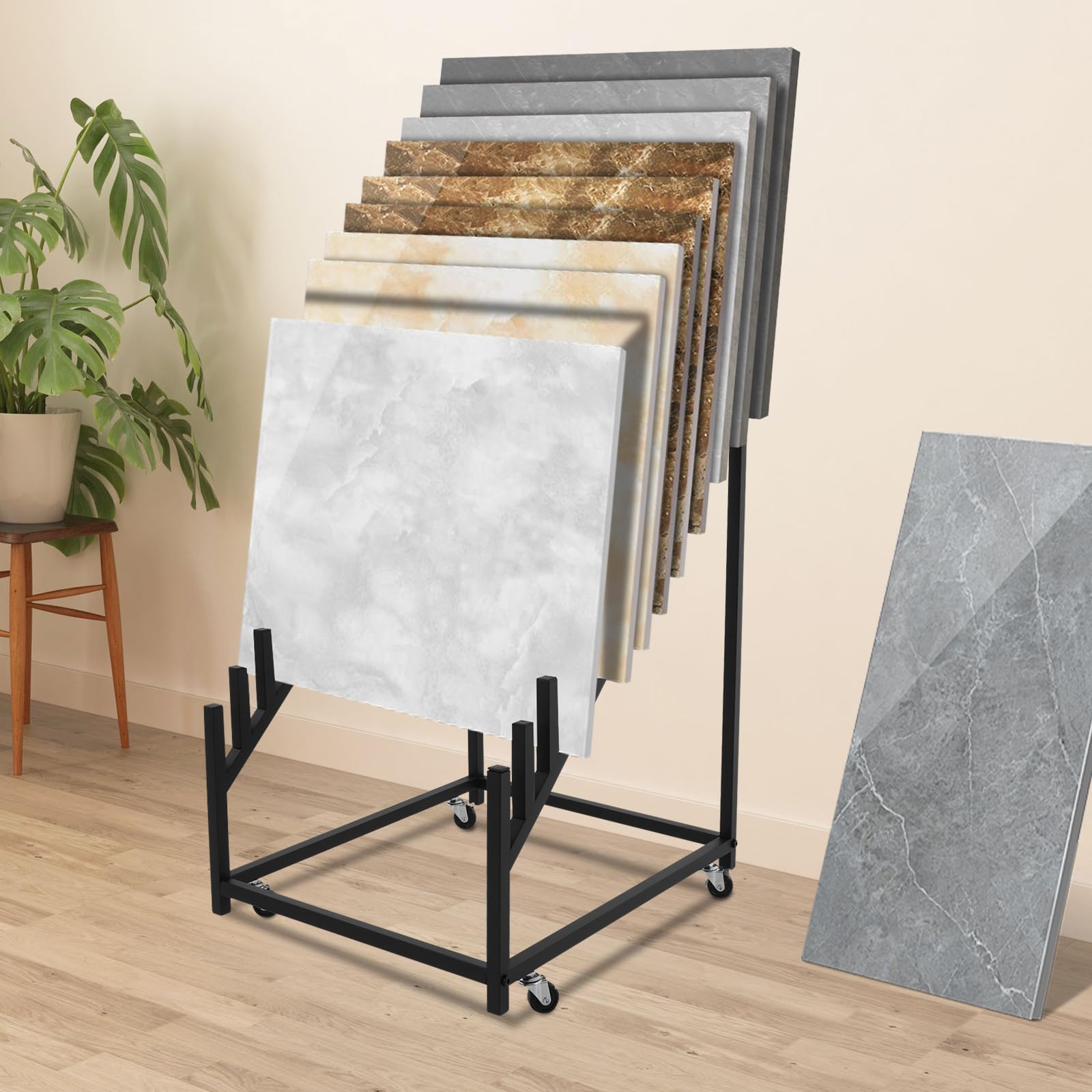 12-Tier Metal Porcelain Tile Sample Display Rack Rolling Flooring Tile Storage Rack Slotted Tiles Sample Organizer Stand with Casters Building Material Display Shelf for Exhibition Hall Retail
