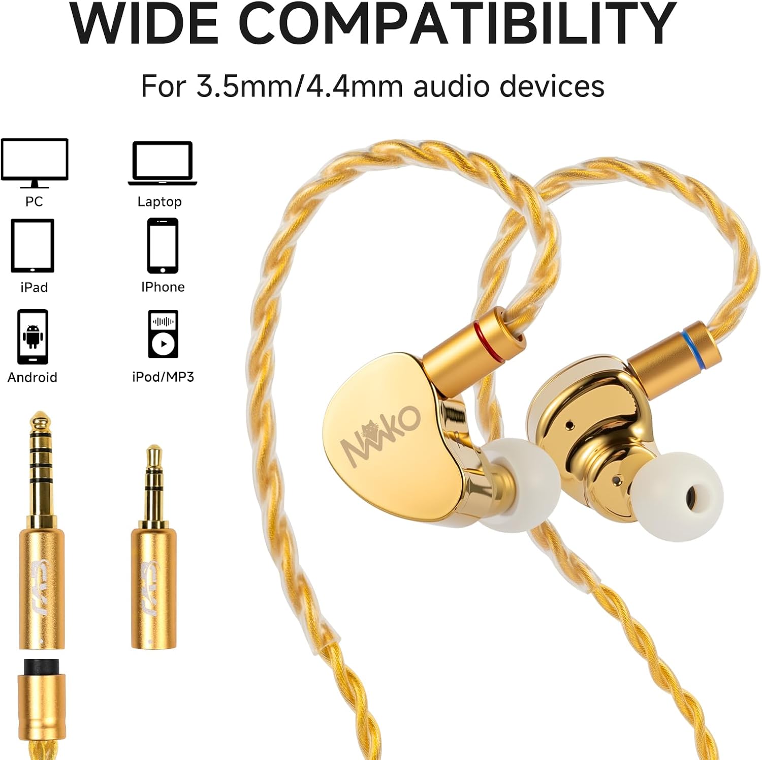CVJ Neko in Ear Monitor Headphones Wired Earbuds for Musicians Singers Audiophile Studio, HiFi Bass IEMs Earphones with Detachable Cable,Noise Isolating HiFi IEMs for Phone Laptop iPad(no Mic,Gold)