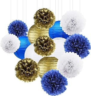 15Ps White Royal Blue Gold Party Decoration Paper Lanterns Paper Pompoms Balls Hanging Decoration Backdrop for Baby Shower Birthday Party Decor Wedding Bridal Shower Centerpieces Home Decor Graduation