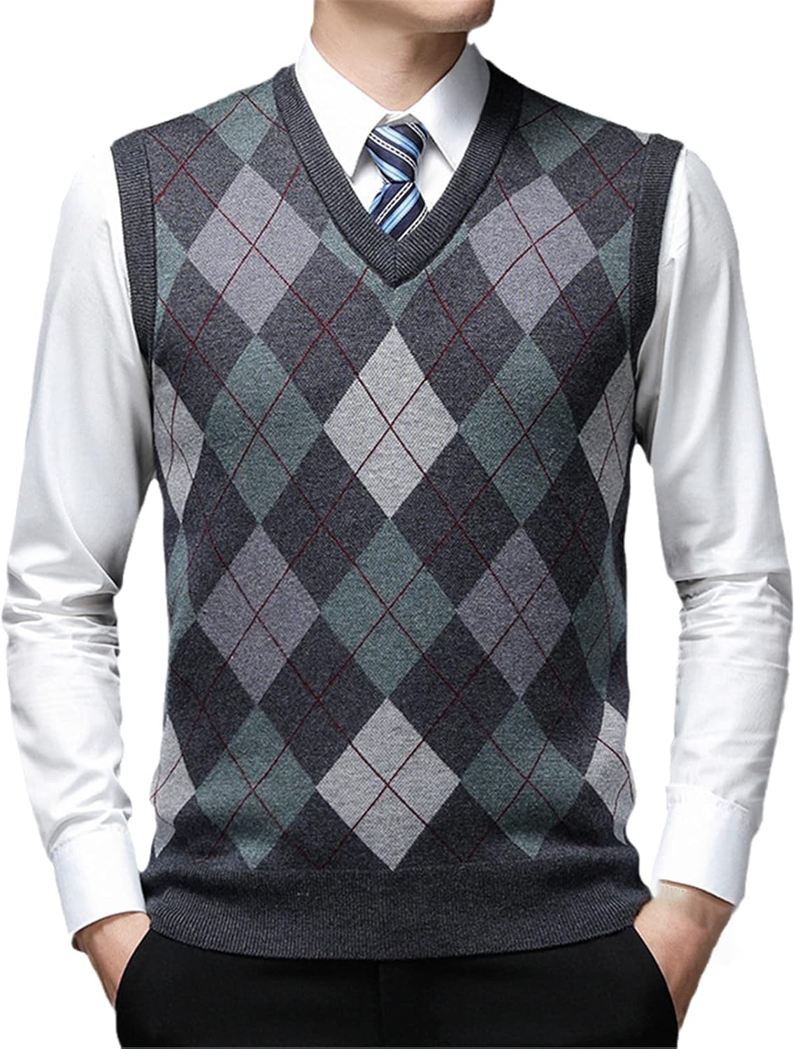 HOURVNEI Autum Fashion Pullover Diamond Sweater V Neck Knit Vest Men Wool Sleeveless Casual Men Clothing