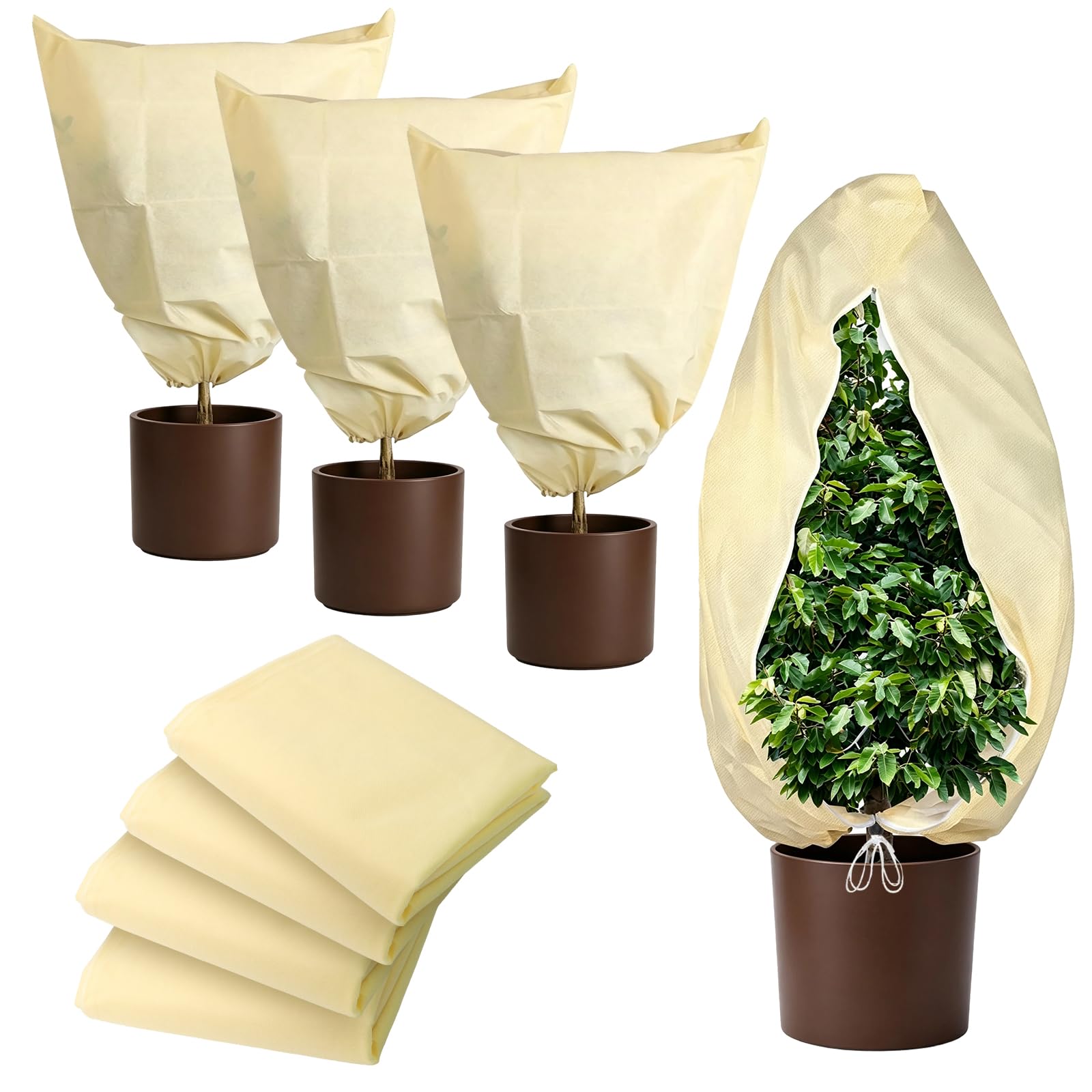 sitarcmin 4 Plant Frost Protection Cover 80×100cm, Thick Breathable Non Woven Winter Plant Freeze Blanket with Zipper & Drawstring, Reusable Shrub Plant Protector for Outdoor Potted Plants