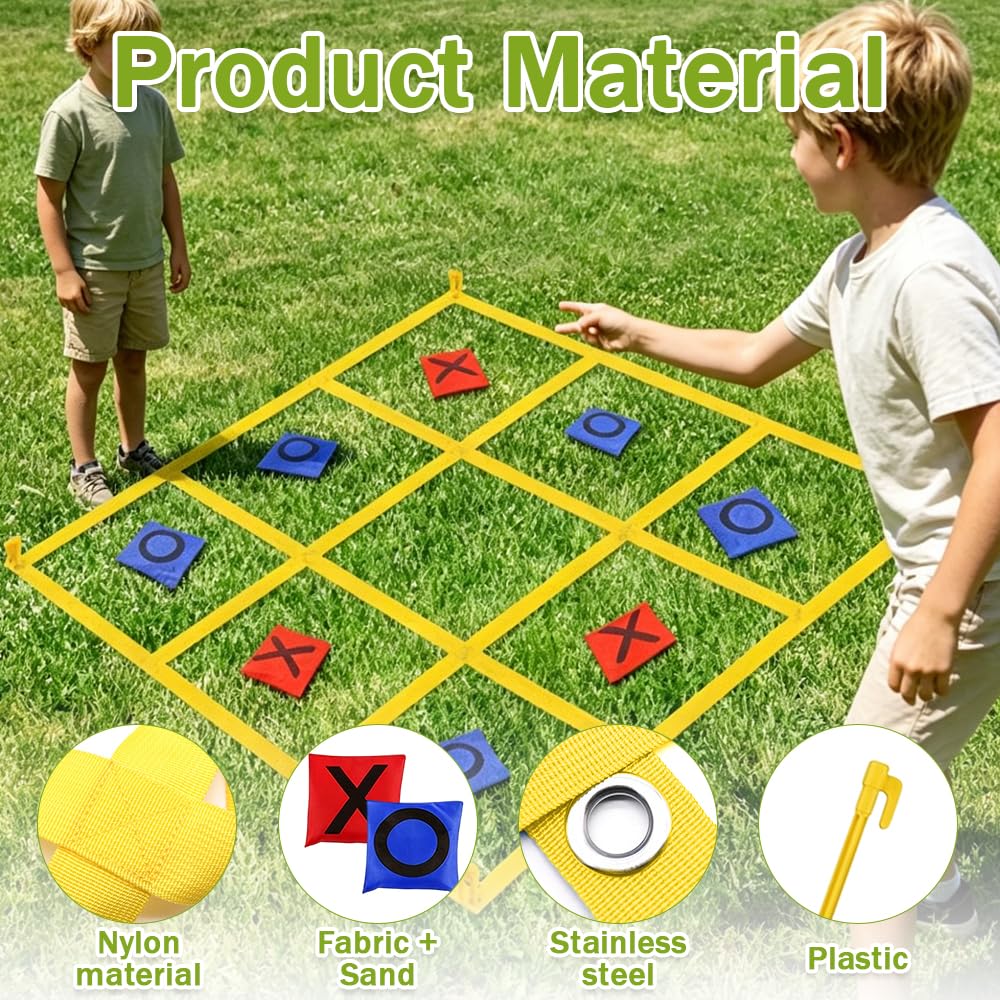Riesiges Tic Tac Toe Outdoor Spielset für Kinder und Erwachsene, 1,2m Faltbares Wurfspiel mit 10 Bohnensäckchen und 4 Heringen, Tragbar Sackwerfen Spiel für Garten, Strand und Camping