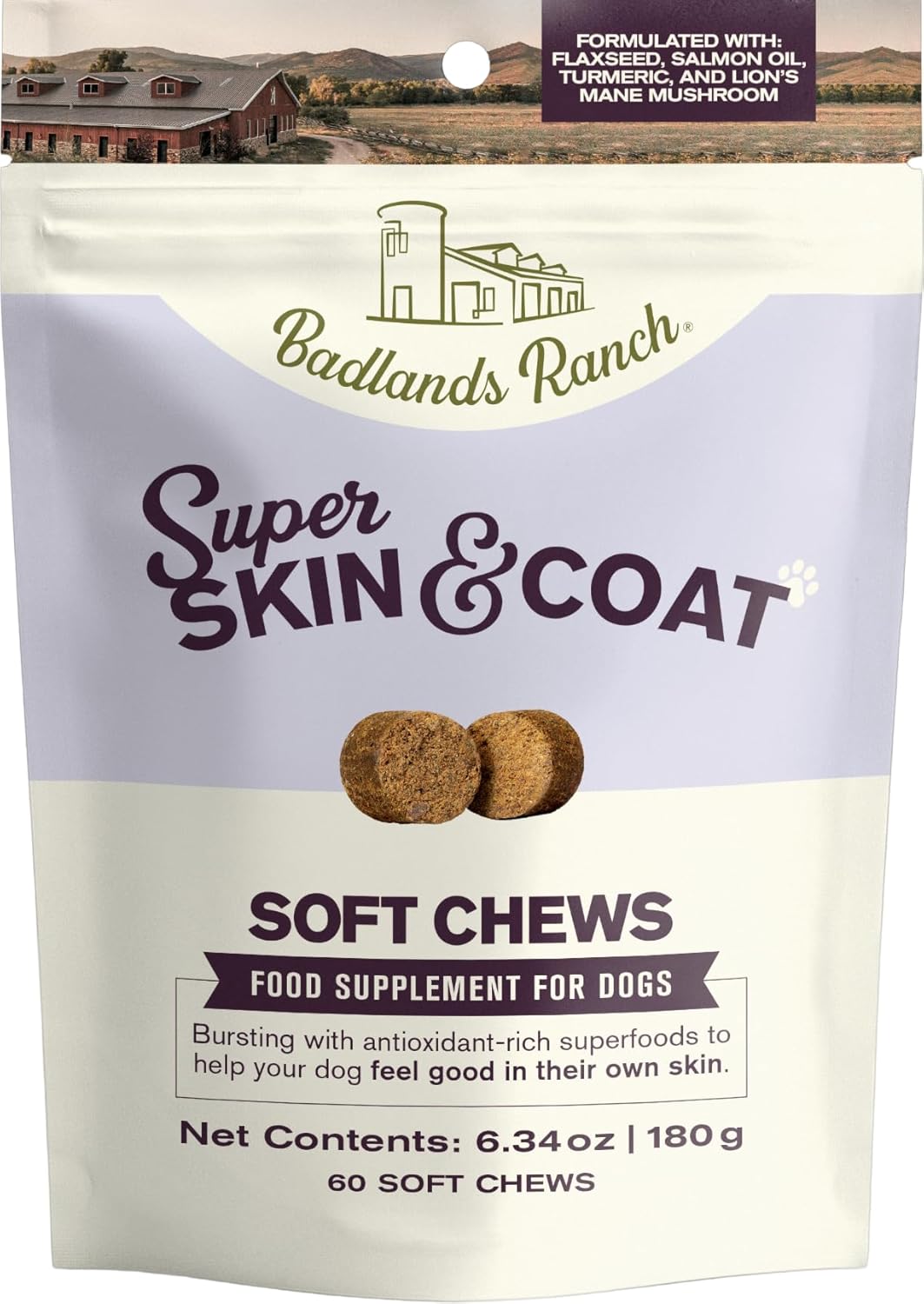Badlands Ranch Super Skin & Coat Soft Chews for Dogs – Antioxidant-Rich Superfoods with Flaxseed, Salmon Oil, Turmeric & Lion’s Mane Mushroom – 60 Soft Chews