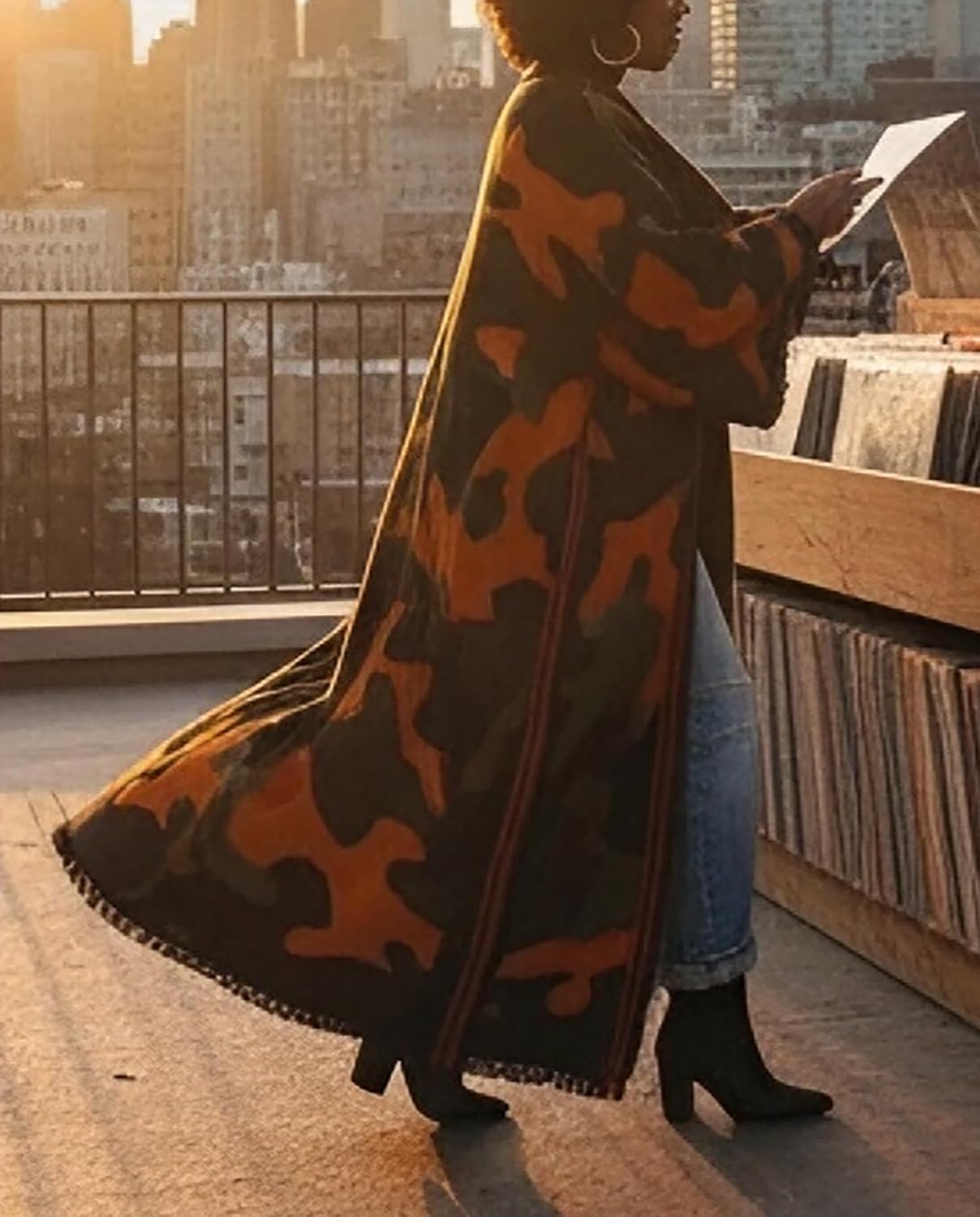 Womens Long Open Front Cardigans Long Sleeve Camo Shawl Sweater Chunky Cable Knit Fringed Outwear Coat - Image 3