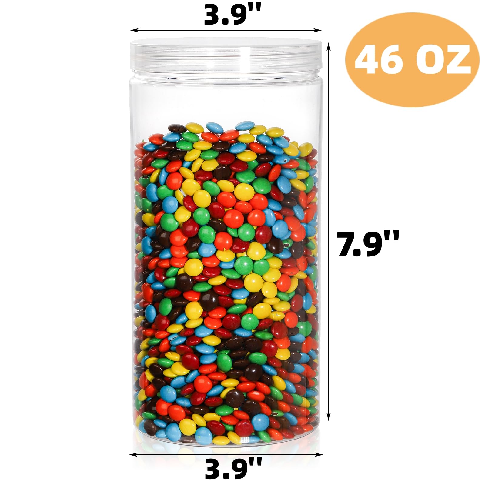 Paquete de 8 tarros de plástico transparente con tapa, tarros redondos de almacenamiento de dulces de 46 onzas, frascos grandes vacíos, cilindros altos de PET, recipiente de despensa de boca 2