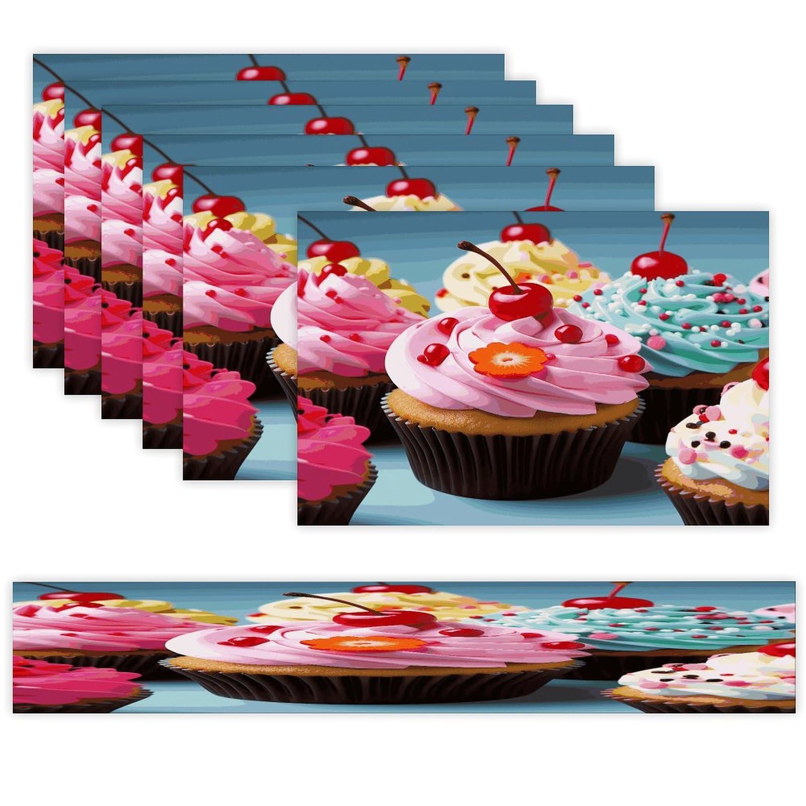 Cupcake Table Runner and Placemats Set of 6 Heat Resistant Washable Linen Place Mats Farmhouse Long Table Runner Xmas Kitchen Table Mats Art Dining Table Decor for Daily Use